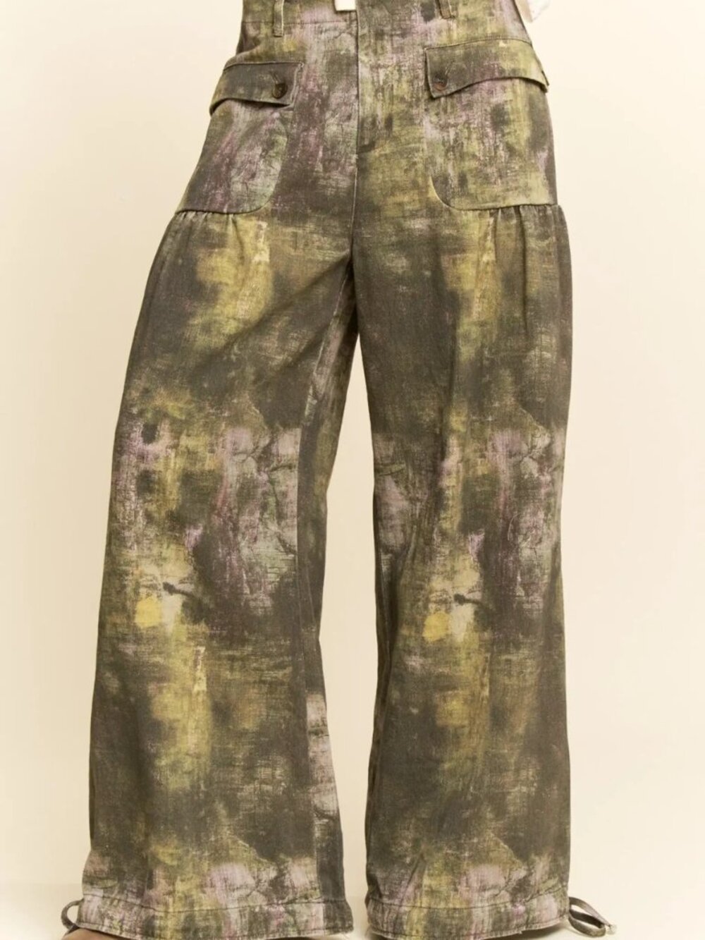 Davi & Dani Tie Dyed Printed Denim Wide Leg Jeans Olive size- LARGE